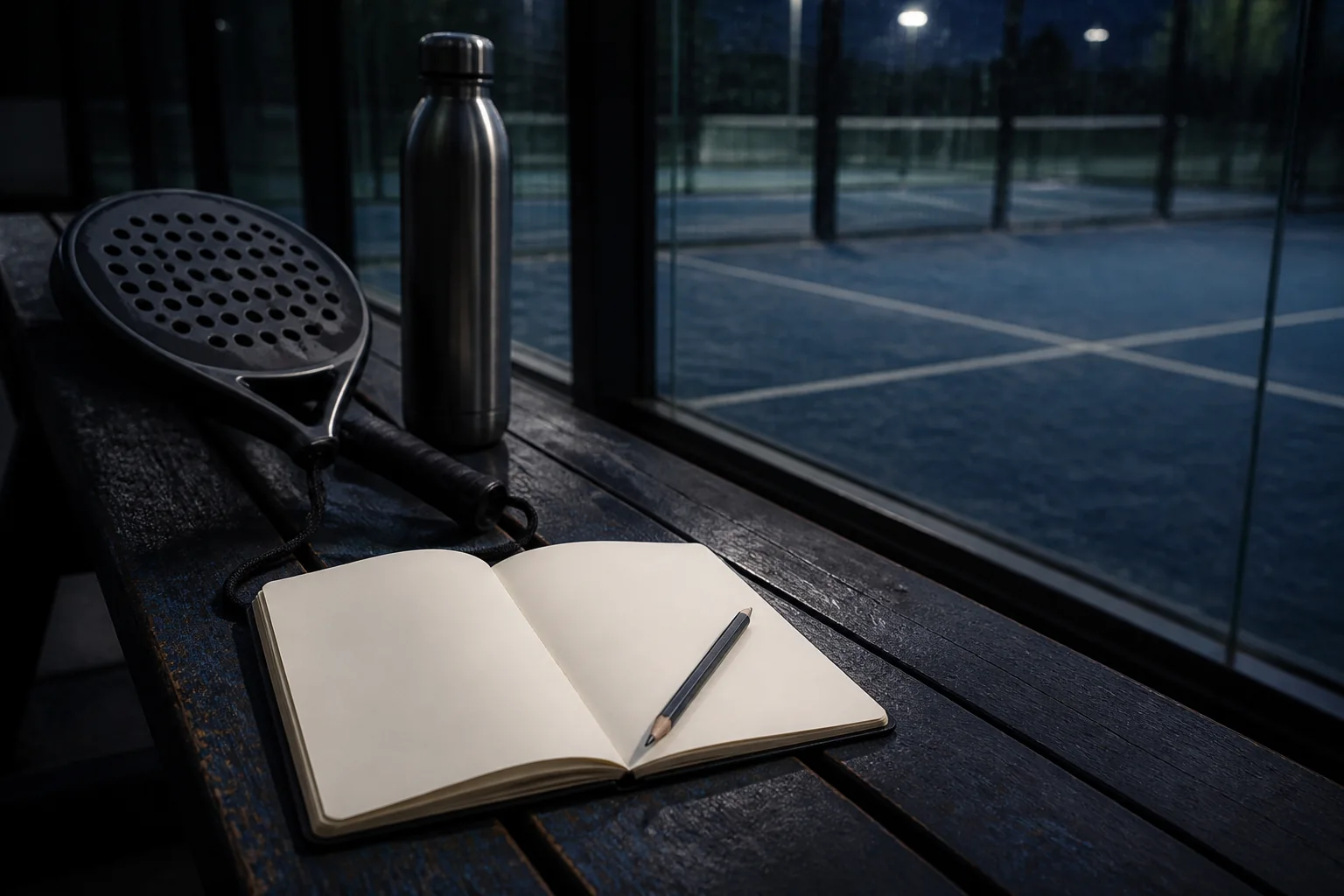 A notebook and pencil resting on a bench beside a padel racket, court lines visible beyond the fence