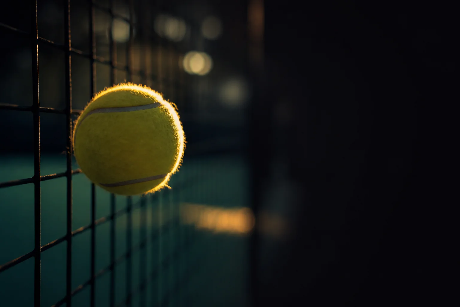 A single padel ball caught in low golden light against the dark mesh of a court fence