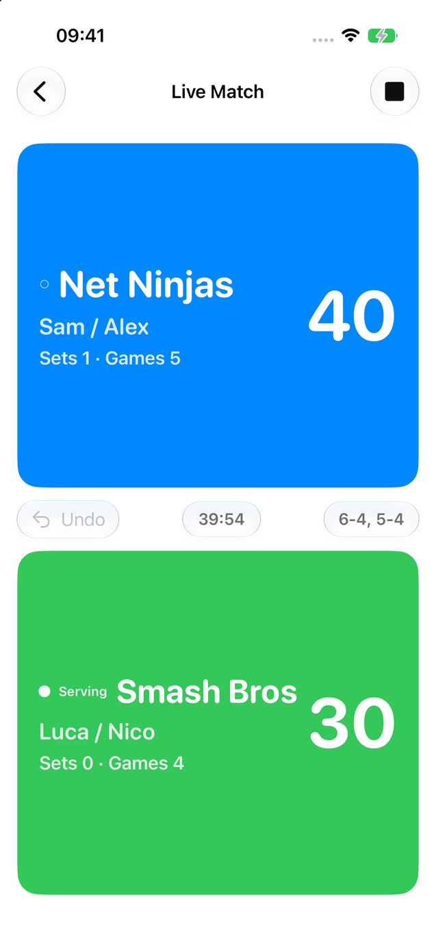 Padel score app live scoreboard on iPhone showing Net Ninjas 40, Smash Bros 30, sets 6-4 and 5-4, with the serving pair marked