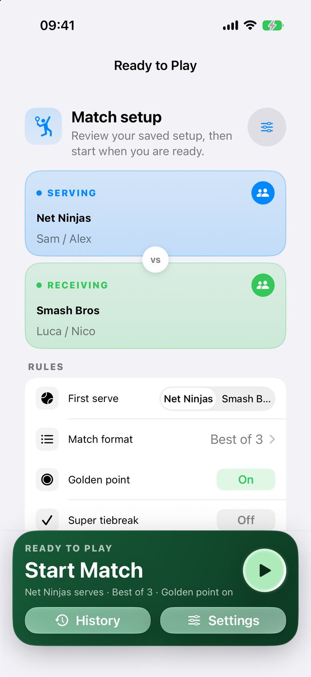 Padel match setup screen with doubles team names Net Ninjas and Smash Bros, first serve picker, best of 3 format and golden point switched on