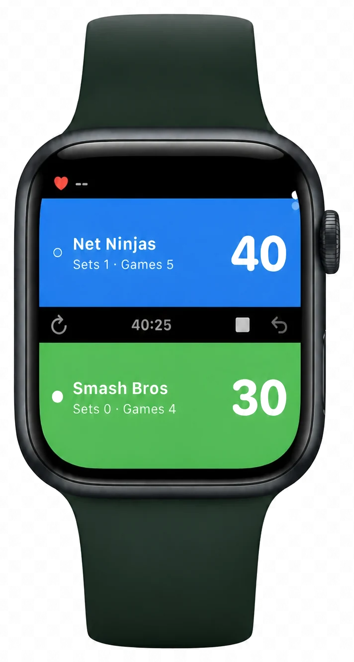 Apple Watch padel scoreboard showing Net Ninjas 40 with sets 1 and games 5, Smash Bros 30, match timer 40:25 and an undo button