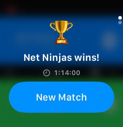 Apple Watch padel victory screen reading Net Ninjas wins with a match duration of 1:14:00 and a New Match button